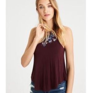 American Eagle Soft & Sexy Burgundy Tank with Blue Embroidery